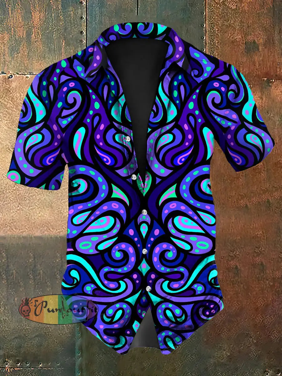 Vintage Punk Gothic Hippie Colourful Ripple Abstract Print Casual Cotton Short Sleeve Shirt Purple / S