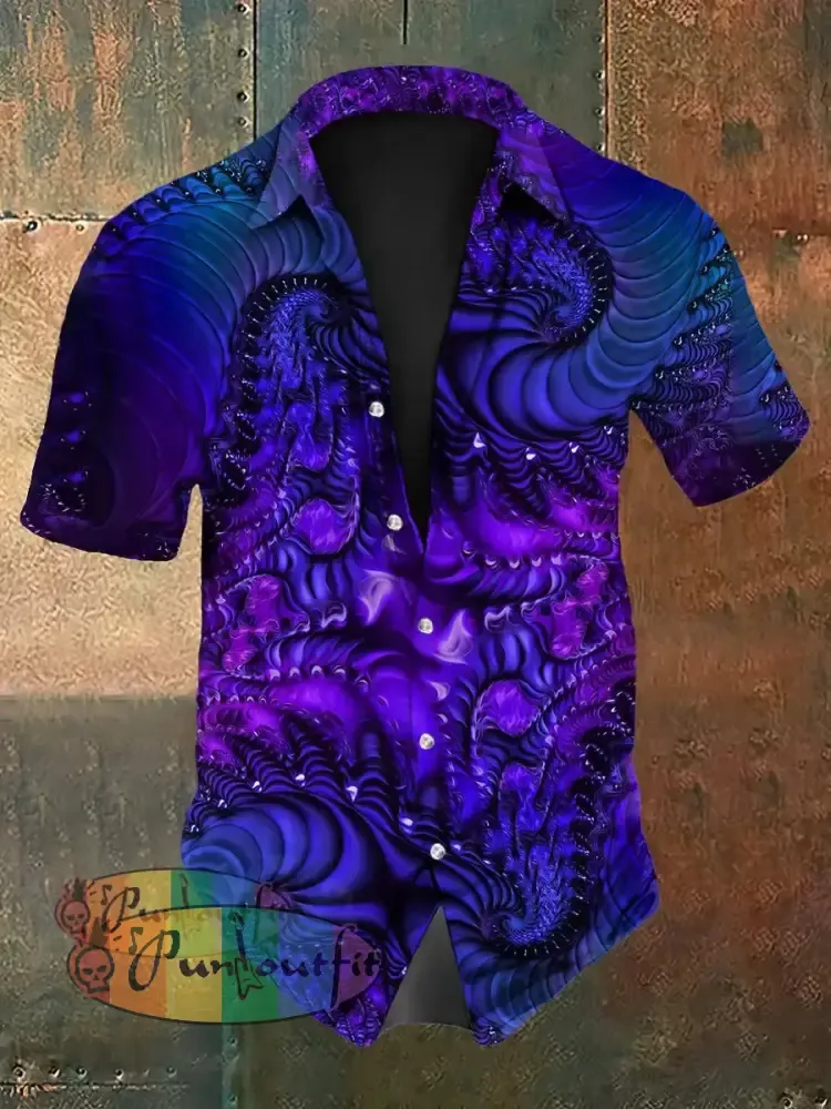 Vintage Punk Gothic Hippie Colourful Ripple Swirls Abstract Print Casual Cotton Short Sleeve Shirt Purple / S