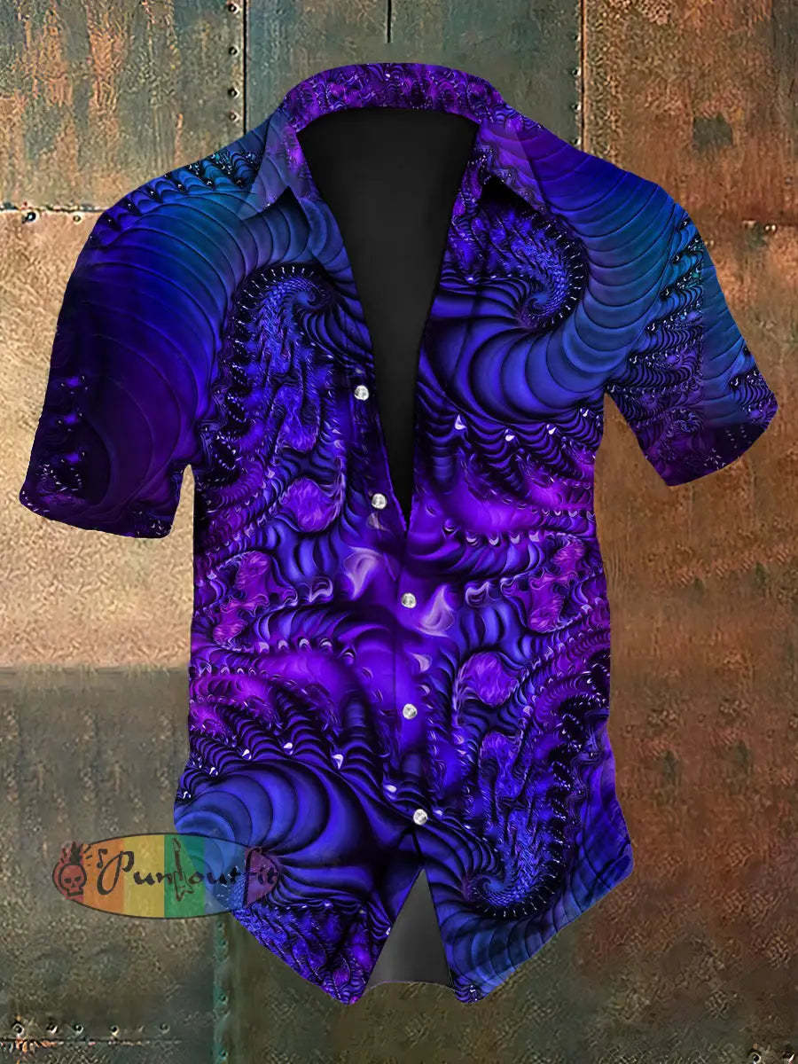 Vintage Punk Gothic Hippie Colourful Ripple Swirls Abstract Print Casual Cotton Short Sleeve Shirt Purple / S