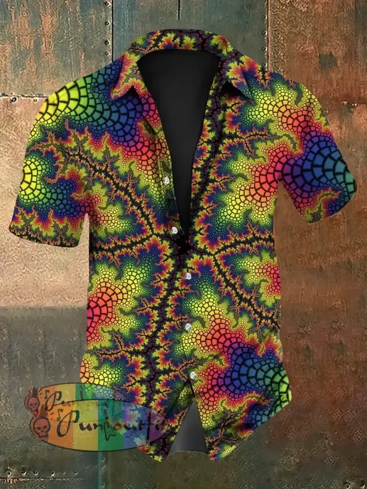 Vintage Punk Gothic Hippie Colourful Ripple Texture Abstract Print Casual Cotton Short Sleeve Shirt Yellow / S