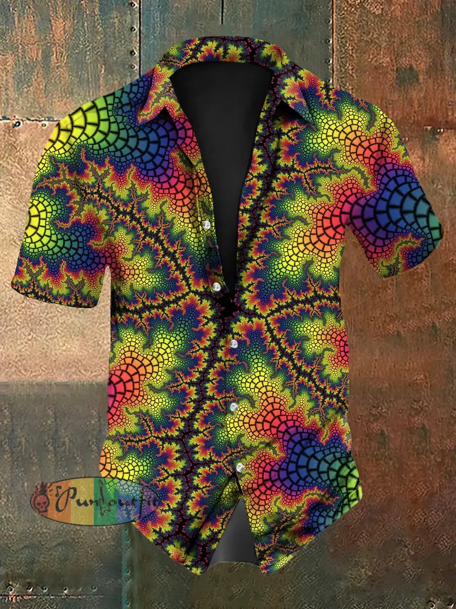 Vintage Punk Gothic Hippie Colourful Ripple Texture Abstract Print Casual Cotton Short Sleeve Shirt Yellow / S