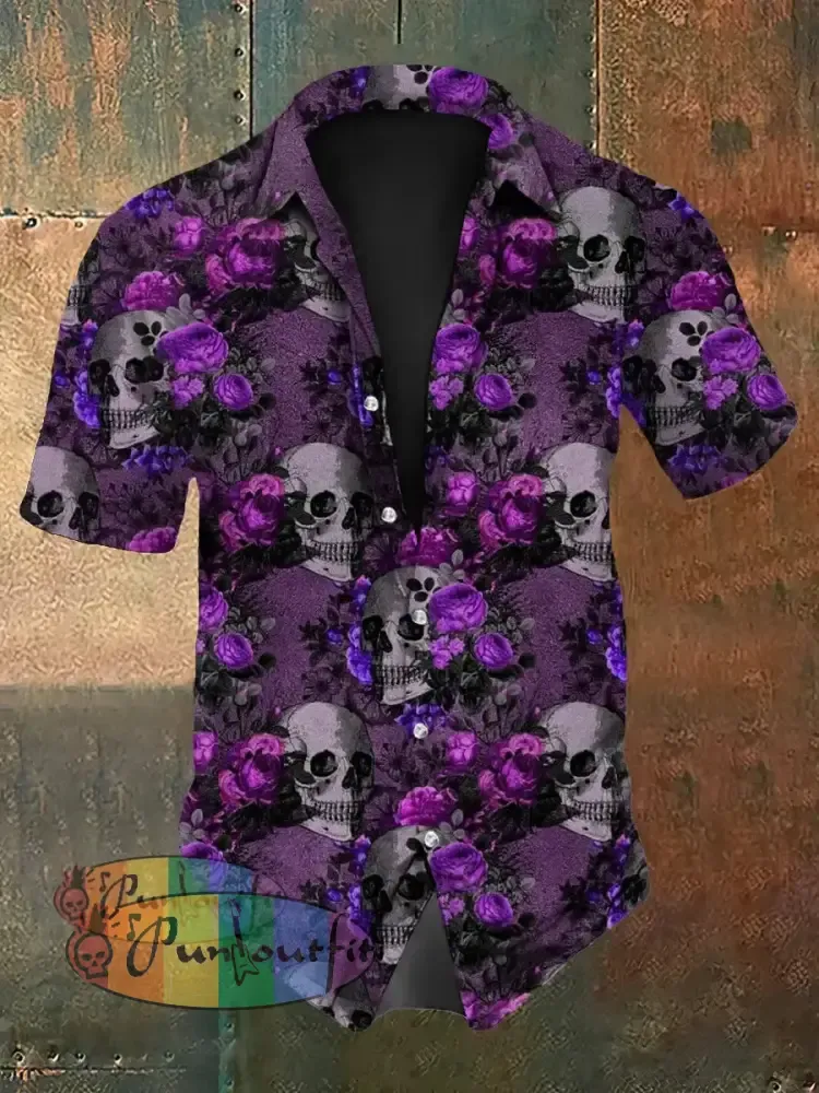 Vintage Punk Gothic Psychedelic Skull Rose Flower Abstract Print Casual Cotton Short Sleeve Shirt Purple / S