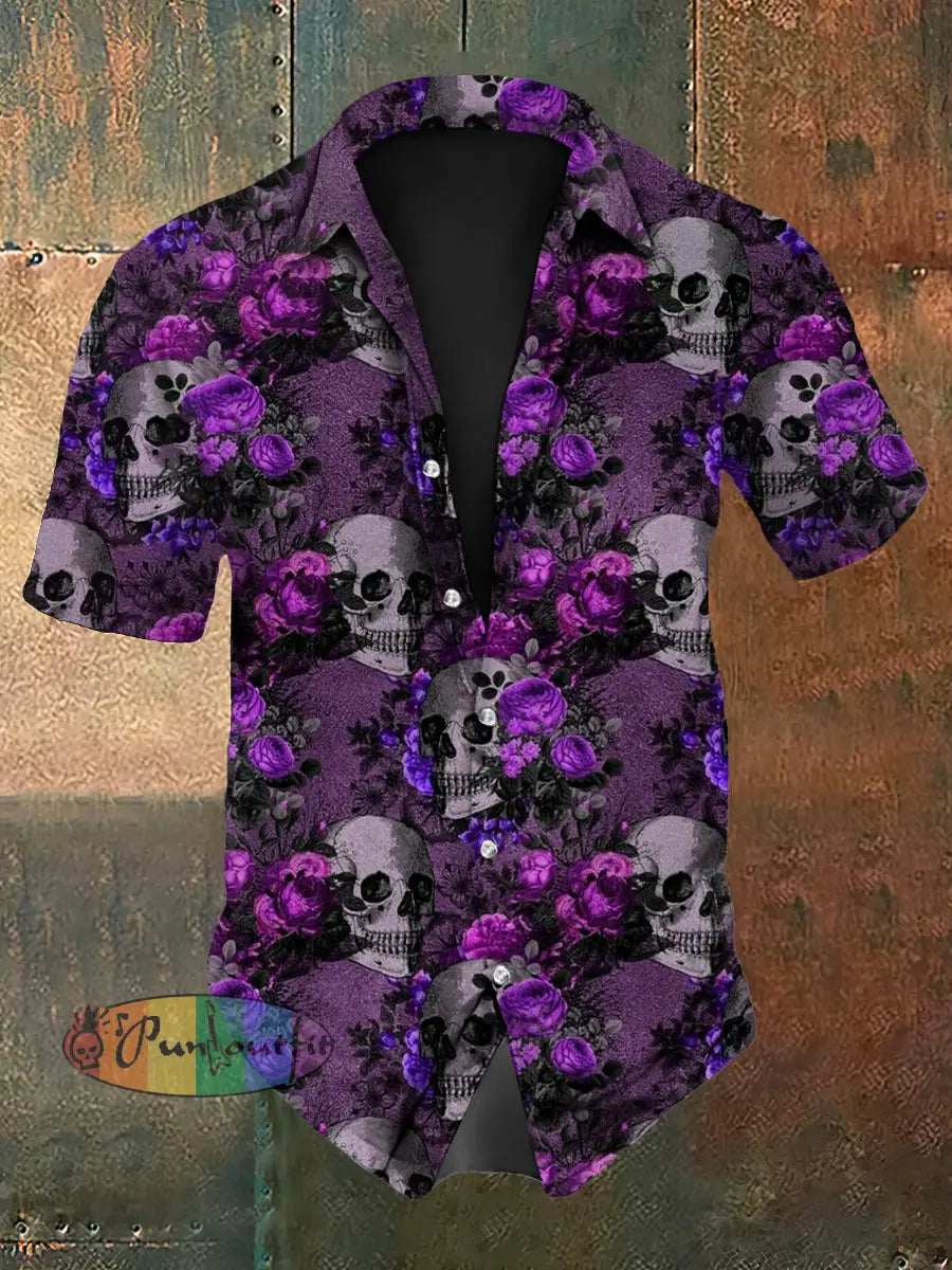 Vintage Punk Gothic Psychedelic Skull Rose Flower Abstract Print Casual Cotton Short Sleeve Shirt Purple / S