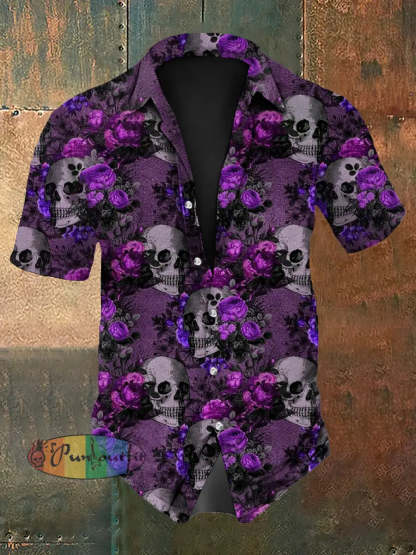 Vintage Punk Gothic Psychedelic Skull Rose Flower Abstract Print Casual Cotton Short Sleeve Shirt Purple / S