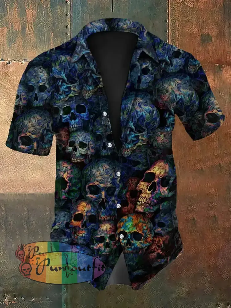 Vintage Punk Halloween Psychedelic Colourful Skull Ripple Abstract Print Casual Cotton Short Sleeve Shirt Blue / S