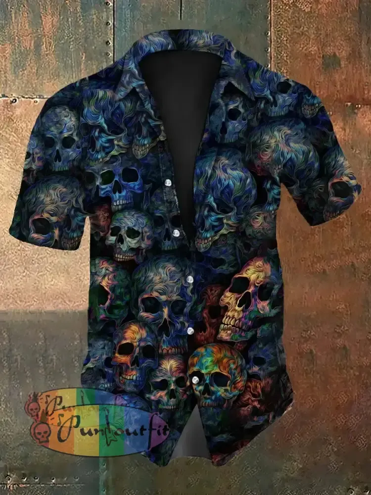 Vintage Punk Halloween Psychedelic Colourful Skull Ripple Abstract Print Casual Cotton Short Sleeve Shirt Blue / S