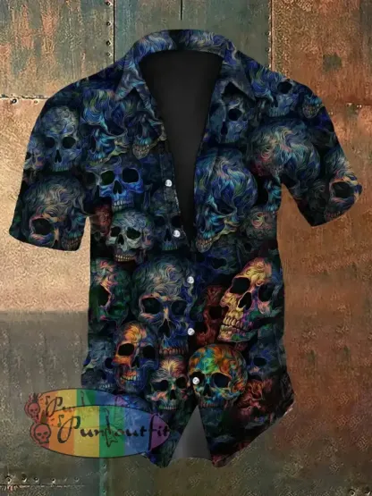 Vintage Punk Halloween Psychedelic Colourful Skull Ripple Abstract Print Casual Cotton Short Sleeve Shirt Blue / S