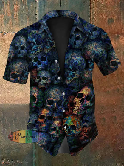 Vintage Punk Halloween Psychedelic Colourful Skull Ripple Abstract Print Casual Cotton Short Sleeve Shirt Blue / S