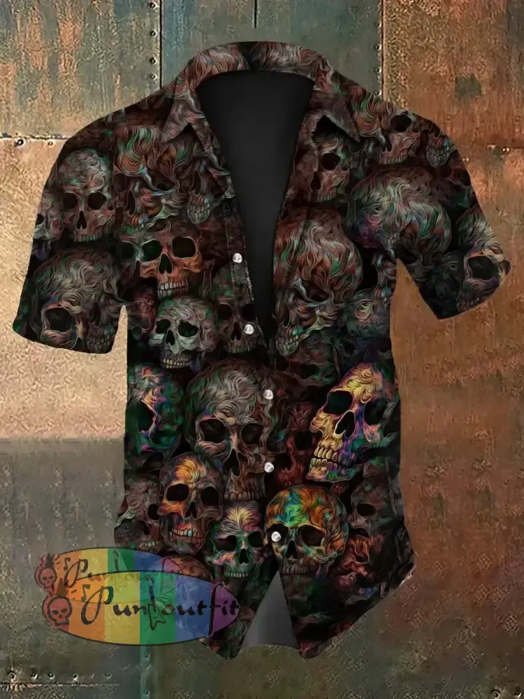 Vintage Punk Halloween Psychedelic Colourful Skull Ripple Abstract Print Casual Cotton Short Sleeve Shirt Brown / S