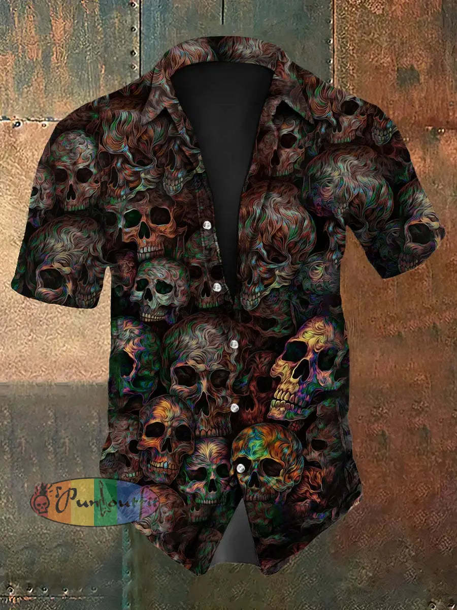 Vintage Punk Halloween Psychedelic Colourful Skull Ripple Abstract Print Casual Cotton Short Sleeve Shirt Brown / S