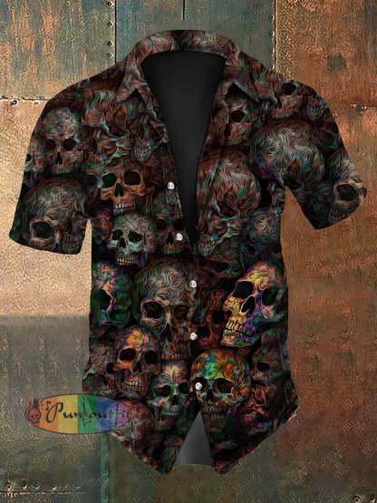 Vintage Punk Halloween Psychedelic Colourful Skull Ripple Abstract Print Casual Cotton Short Sleeve Shirt Brown / S