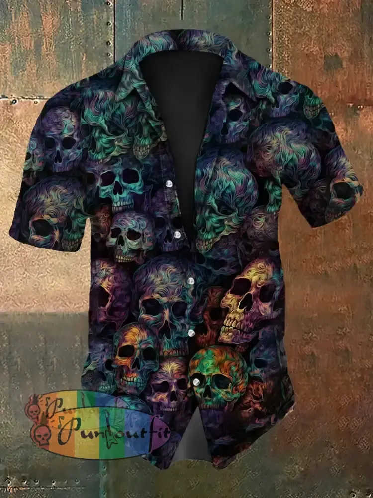 Vintage Punk Halloween Psychedelic Colourful Skull Ripple Abstract Print Casual Cotton Short Sleeve Shirt colorful / S