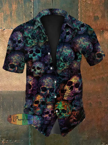Vintage Punk Halloween Psychedelic Colourful Skull Ripple Abstract Print Casual Cotton Short Sleeve Shirt colorful / S