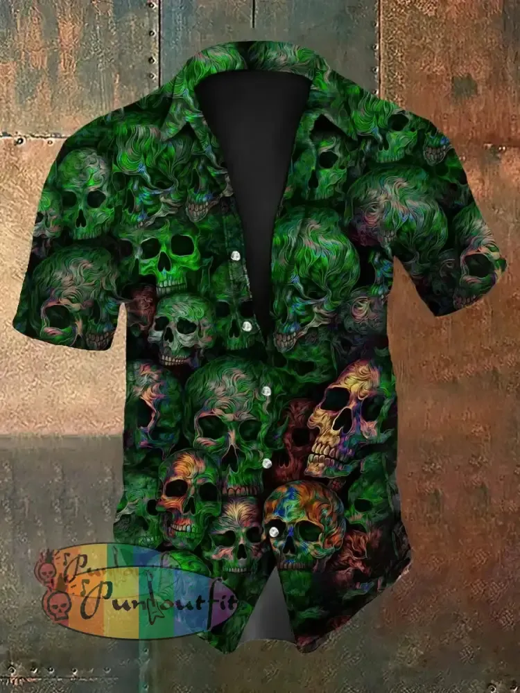 Vintage Punk Halloween Psychedelic Colourful Skull Ripple Abstract Print Casual Cotton Short Sleeve Shirt Green / S
