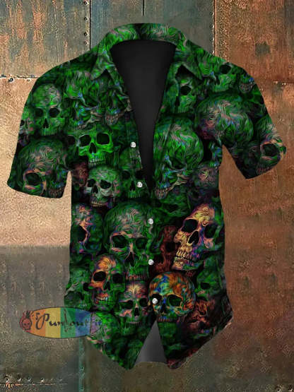 Vintage Punk Halloween Psychedelic Colourful Skull Ripple Abstract Print Casual Cotton Short Sleeve Shirt Green / S