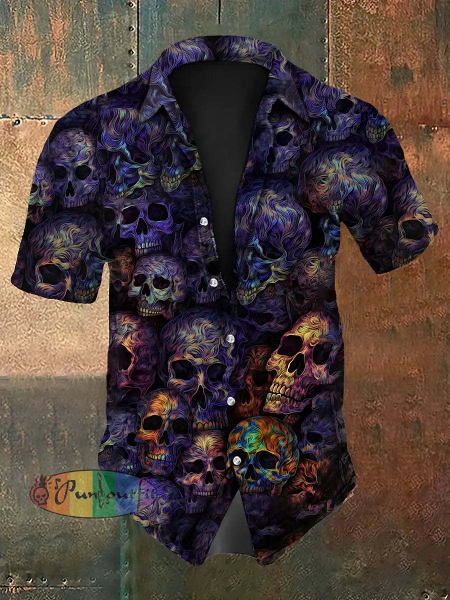 Vintage Punk Halloween Psychedelic Colourful Skull Ripple Abstract Print Casual Cotton Short Sleeve Shirt Purple / S