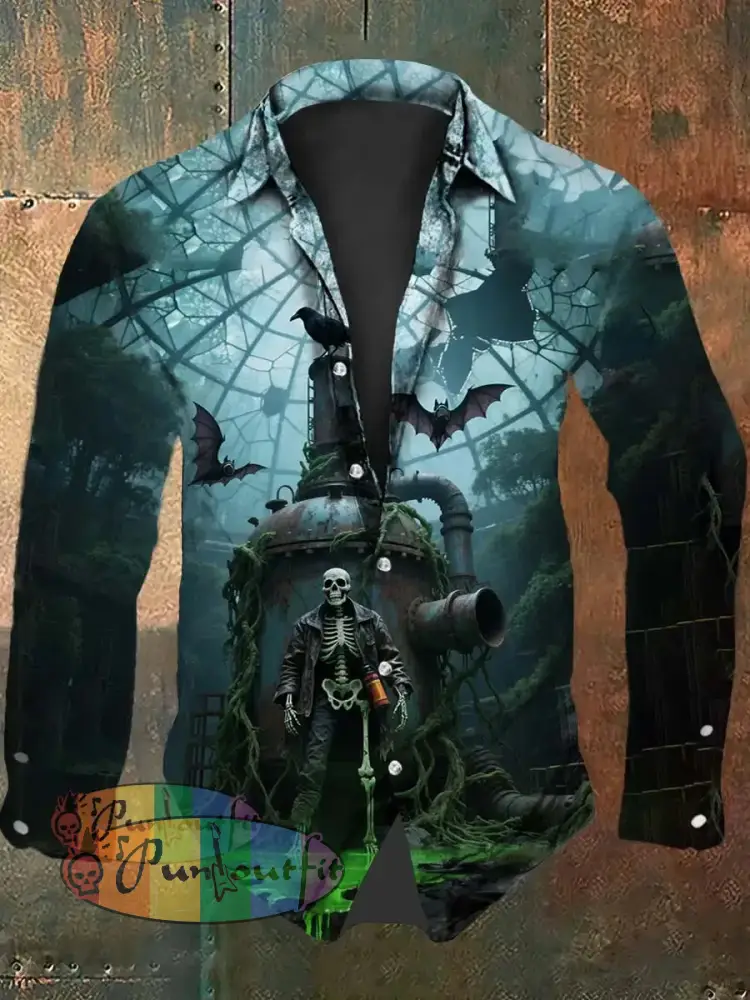 Vintage Punk Halloween Skull Poison Gas Raven Bat Abstract Print Casual Long Sleeve Shirt Green / S