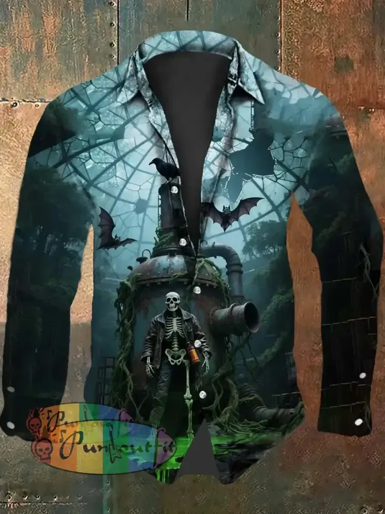 Vintage Punk Halloween Skull Poison Gas Raven Bat Abstract Print Casual Long Sleeve Shirt Green / S