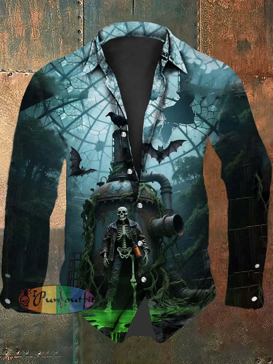 Vintage Punk Halloween Skull Poison Gas Raven Bat Abstract Print Casual Long Sleeve Shirt Green / S