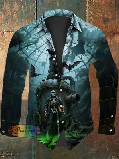 Vintage Punk Halloween Skull Poison Gas Raven Bat Abstract Print Casual Long Sleeve Shirt Green / S