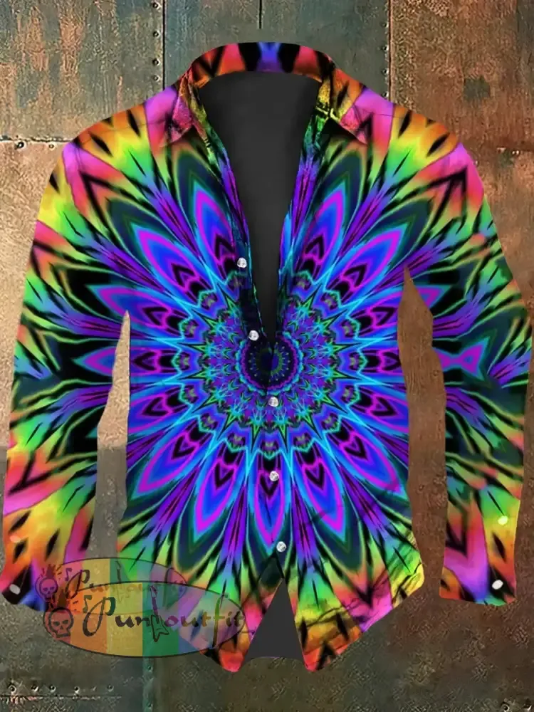 Vintage Punk Hippie Colourful Mandala Abstract Print Casual Long Sleeve Shirt As picture / S