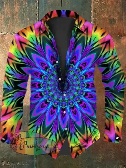 Vintage Punk Hippie Colourful Mandala Abstract Print Casual Long Sleeve Shirt As picture / S