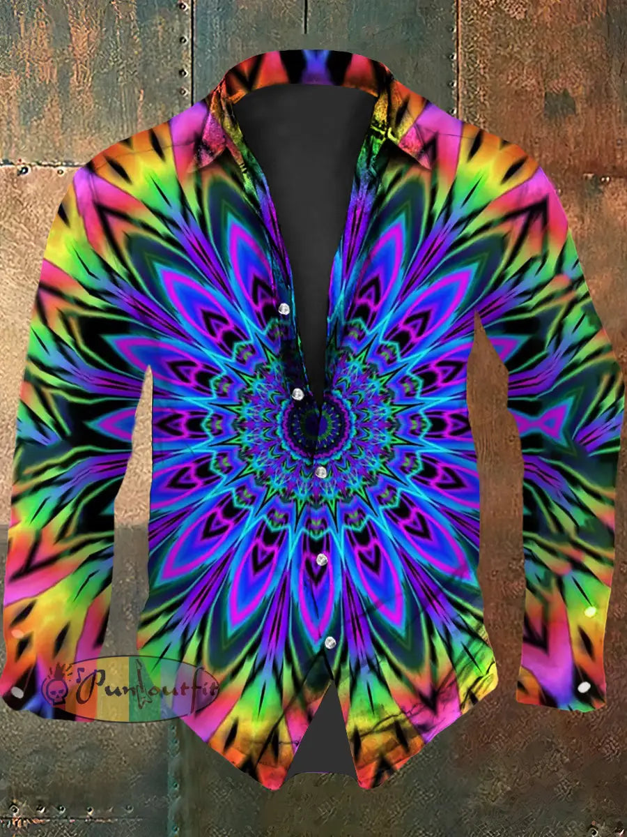 Vintage Punk Hippie Colourful Mandala Abstract Print Casual Long Sleeve Shirt As picture / S