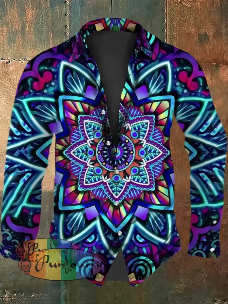 Vintage Punk Hippie Colourful Mandala Abstract Print Casual Long Sleeve Shirt As picture / S