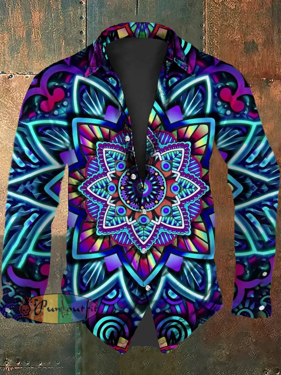 Vintage Punk Hippie Colourful Mandala Abstract Print Casual Long Sleeve Shirt As picture / S
