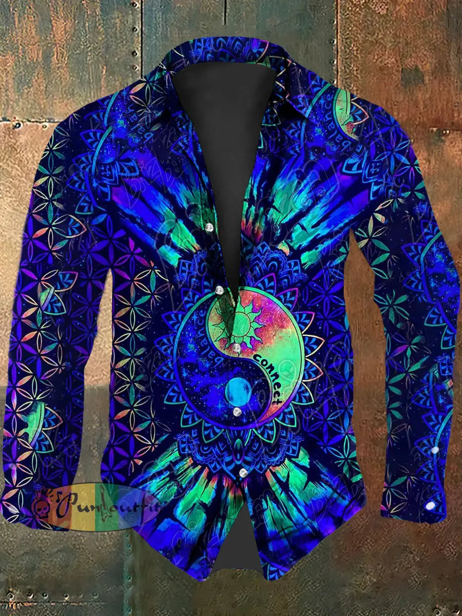 Vintage Punk Hippie Colourful Psychedelic Fractal Sun Moon Abstract Print Casual Long Sleeve Shirt Blue / S