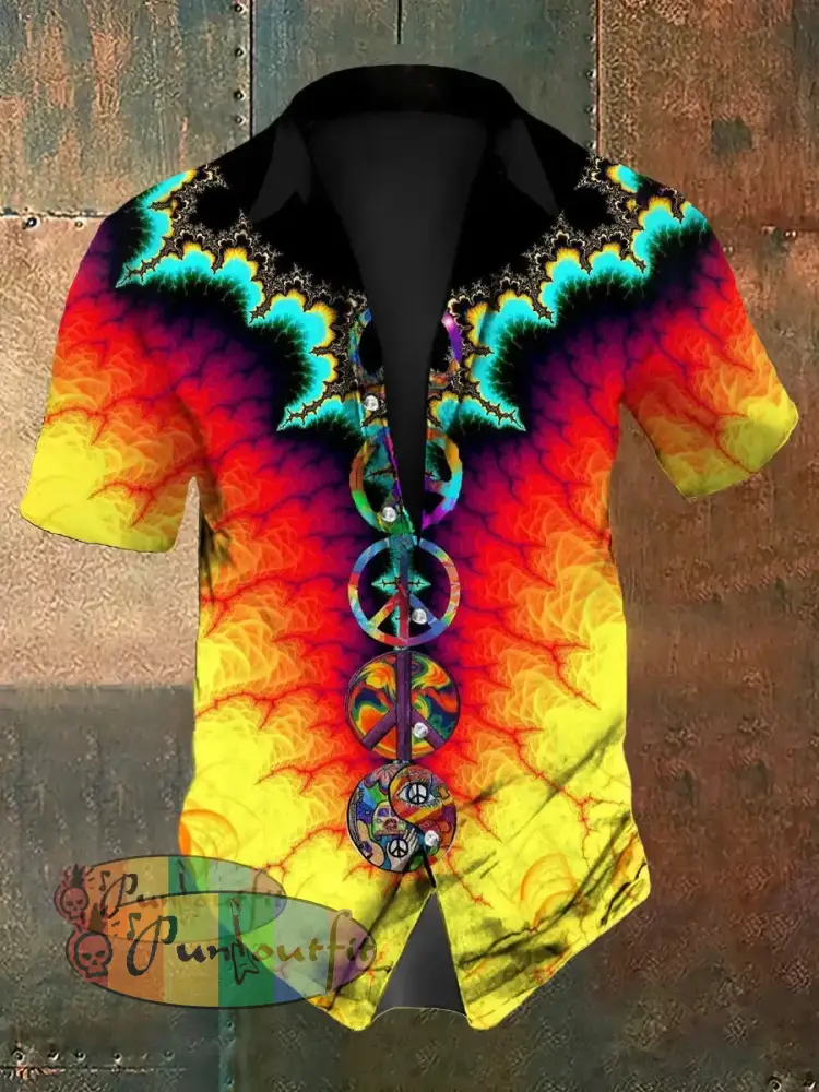 Vintage Punk Hippie Colourful Psychedelic Rainbow Fractal Abstract Print Casual Cotton Short Sleeve Shirt As picture / S