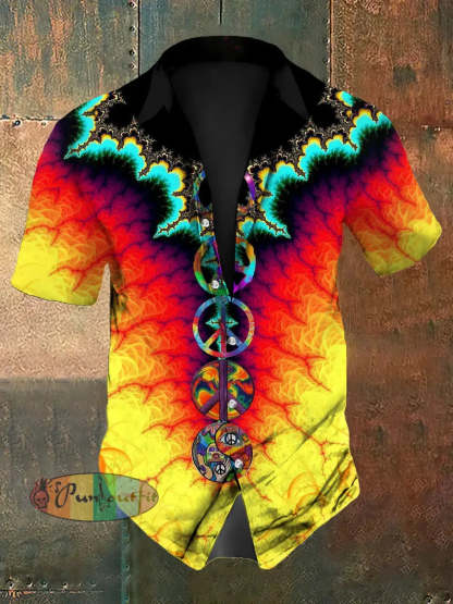 Vintage Punk Hippie Colourful Psychedelic Rainbow Fractal Abstract Print Casual Cotton Short Sleeve Shirt As picture / S