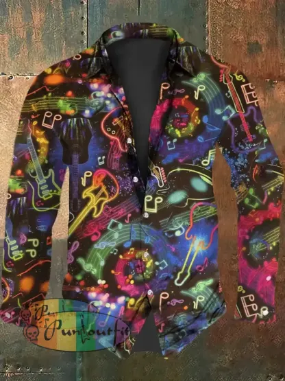 Vintage Punk Hippie Festival Guitar Colourful Psychedelic Abstract Print Casual Long Sleeve Shirt As picture / S