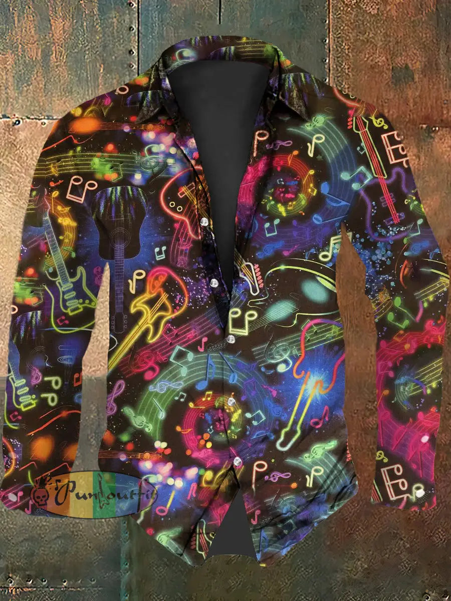 Vintage Punk Hippie Festival Guitar Colourful Psychedelic Abstract Print Casual Long Sleeve Shirt As picture / S