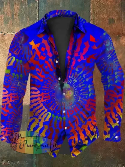 Vintage Punk Hippie Fluorescent Swirls Abstract Print Casual Long Sleeve Shirt Navy Blue / S
