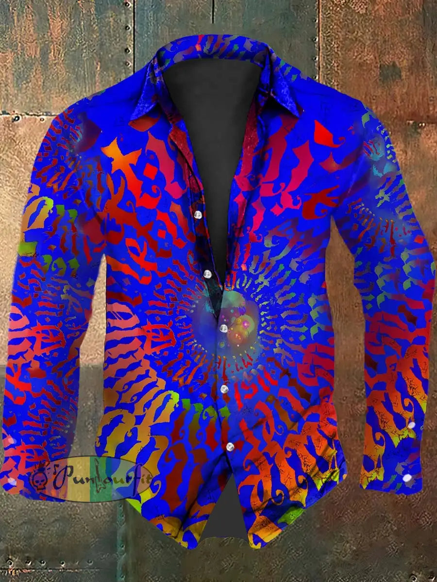 Vintage Punk Hippie Fluorescent Swirls Abstract Print Casual Long Sleeve Shirt Navy Blue / S