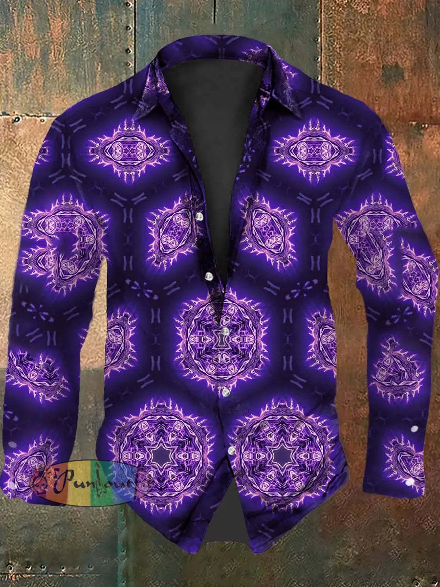 Vintage Punk Hippie Fractal Floral Abstract Print Casual Long Sleeve Shirt Purple / S
