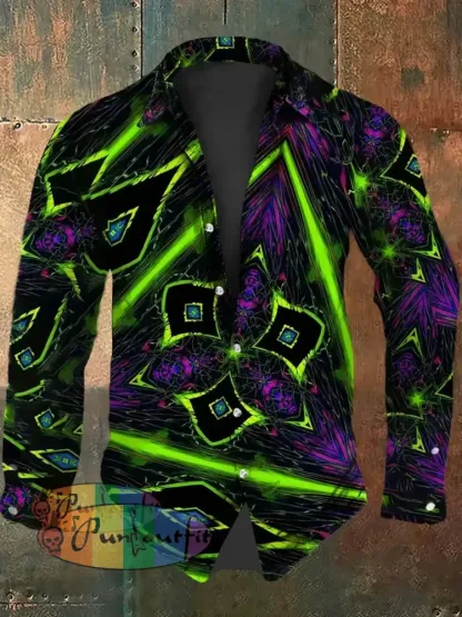 Vintage Punk Hippie Fractal Floral Fluorescent Lines Abstract Print Casual Long Sleeve Shirt Green / S