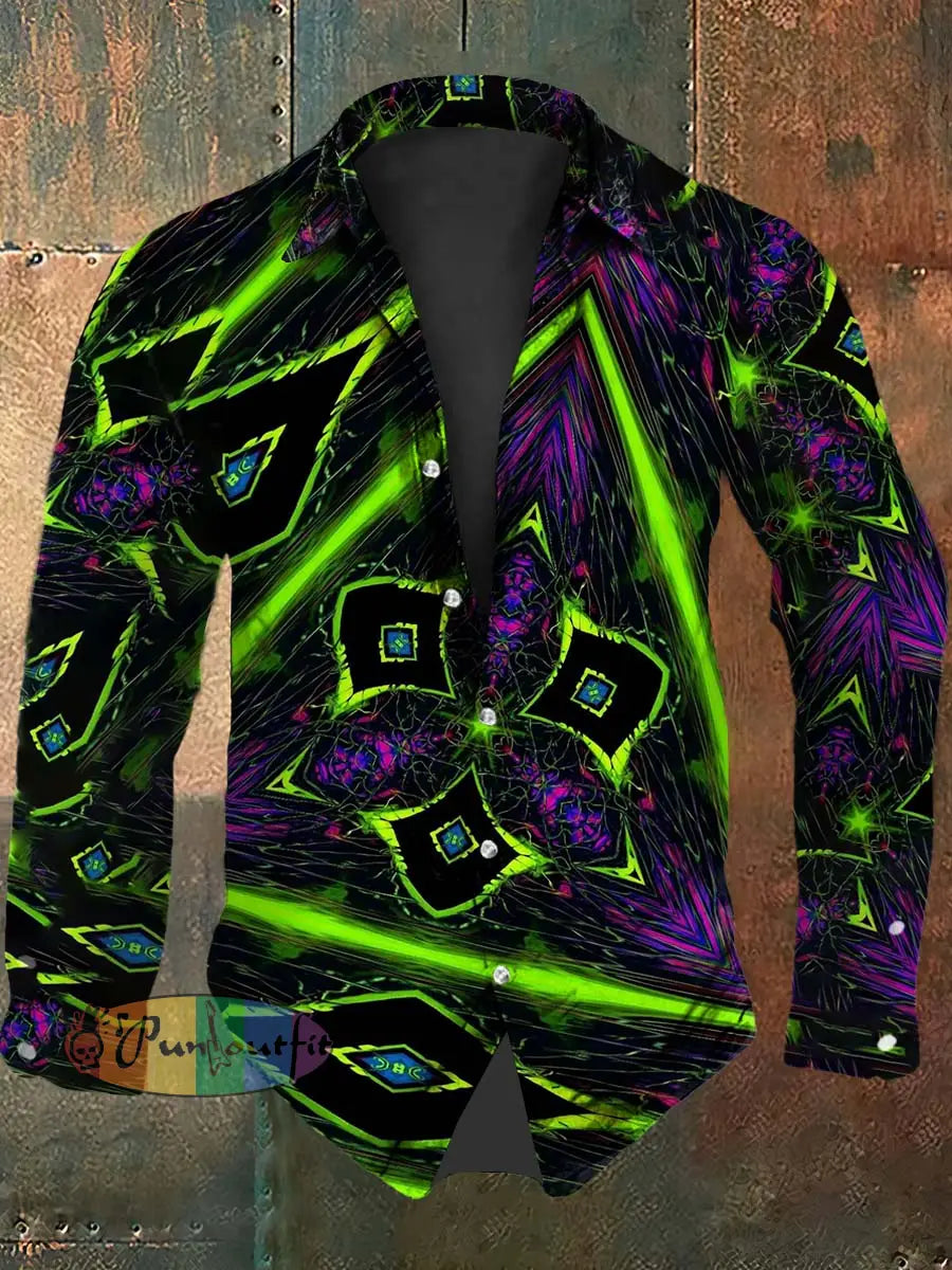 Vintage Punk Hippie Fractal Floral Fluorescent Lines Abstract Print Casual Long Sleeve Shirt Green / S
