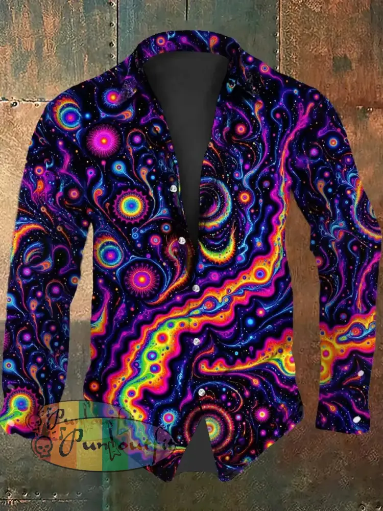 Vintage Punk Hippie Psychedelic Colorful Ripple Swirls Abstract Print Casual Long Sleeve Shirt Purple / S