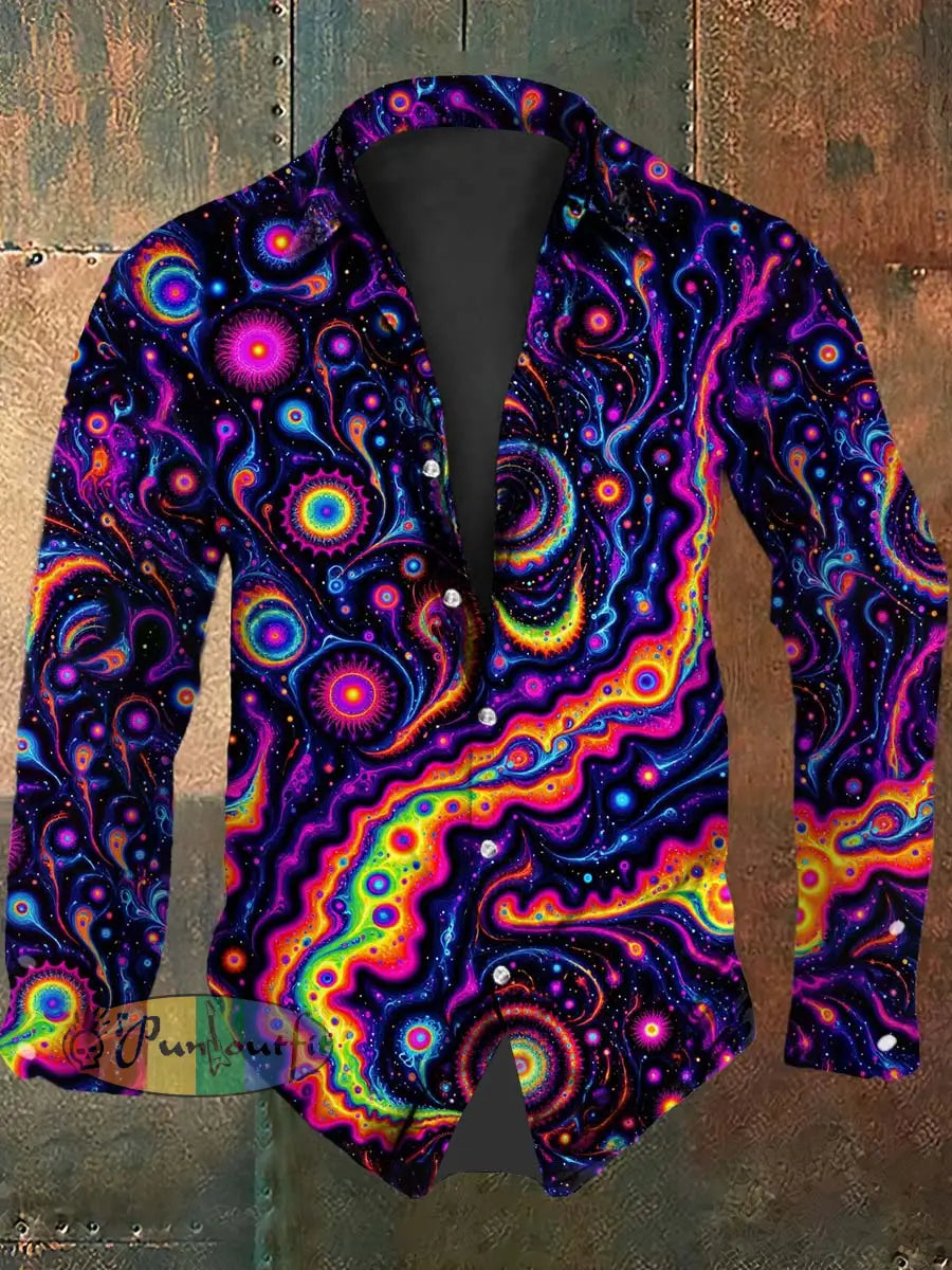 Vintage Punk Hippie Psychedelic Colorful Ripple Swirls Abstract Print Casual Long Sleeve Shirt Purple / S