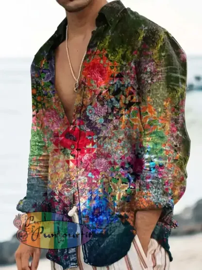 Vintage Punk Hippie Psychedelic Colourful Geometric Floral Abstract Print Casual Long Sleeve Shirt As picture / S