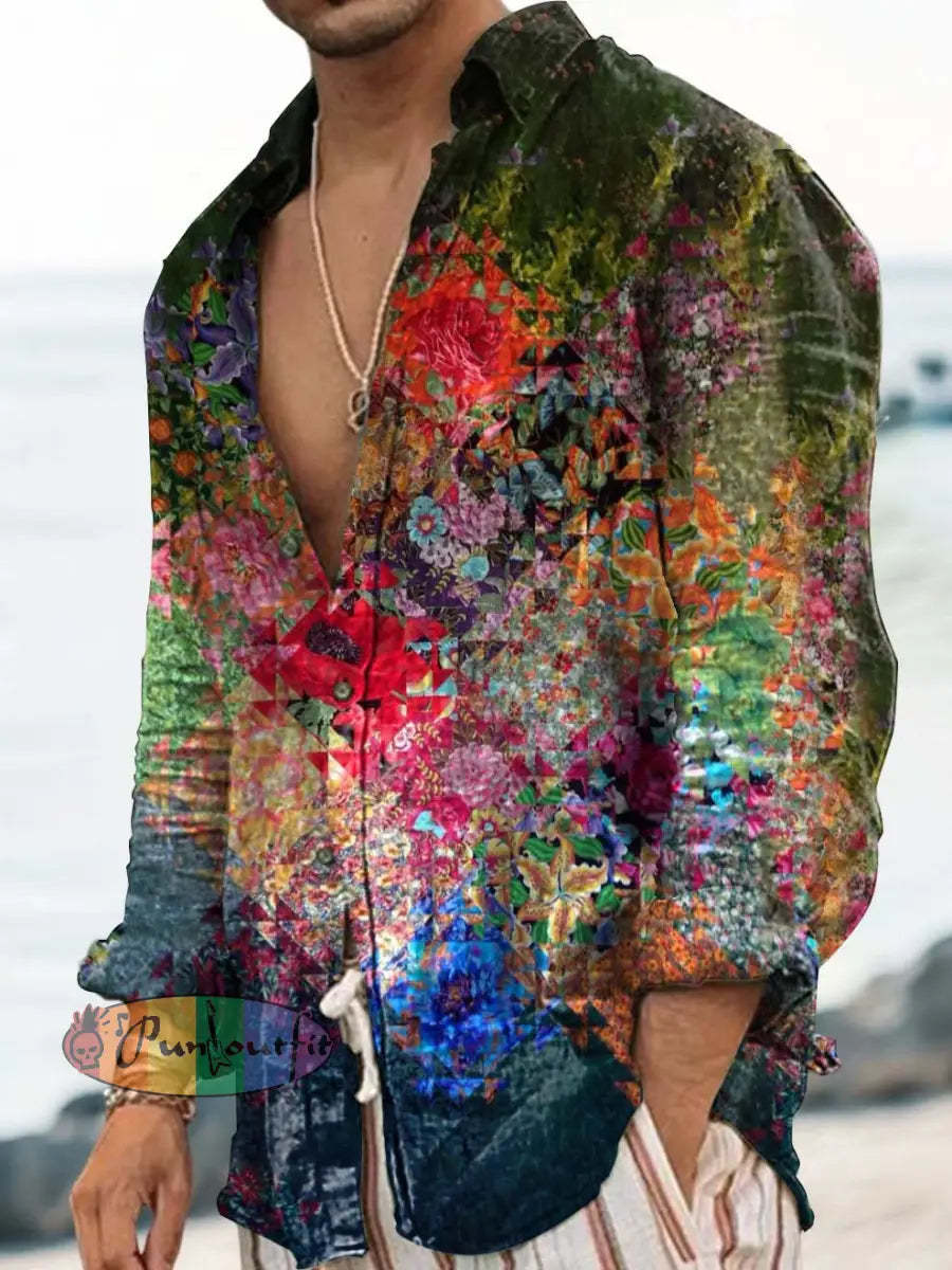 Vintage Punk Hippie Psychedelic Colourful Geometric Floral Abstract Print Casual Long Sleeve Shirt As picture / S