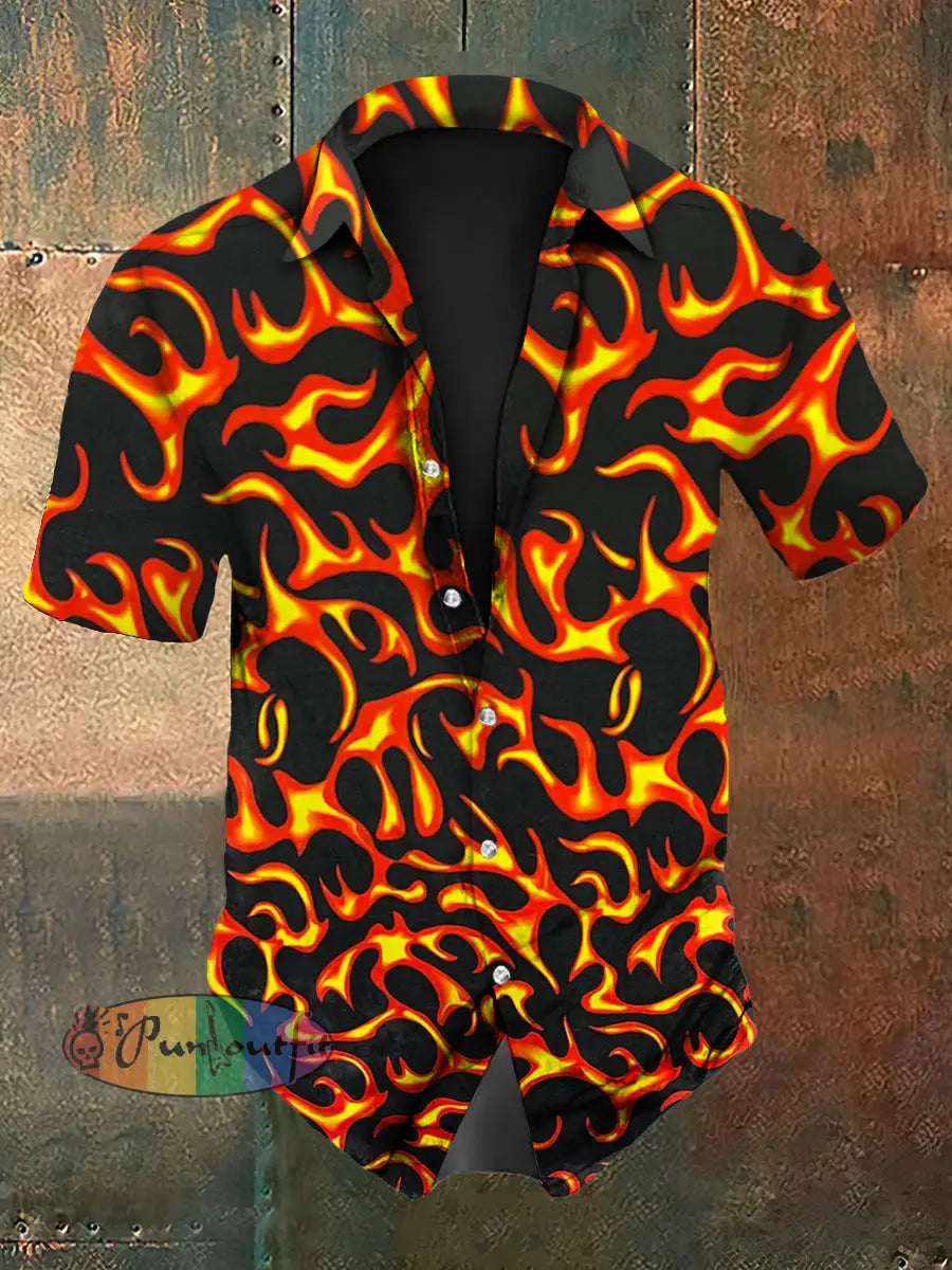 Vintage Punk Music Festival Flame Abstract Print Casual Cotton Short Sleeve Shirt Orange / S