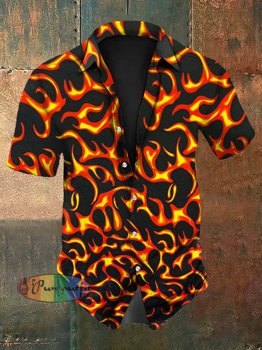 Vintage Punk Music Festival Flame Abstract Print Casual Cotton Short Sleeve Shirt Orange / S
