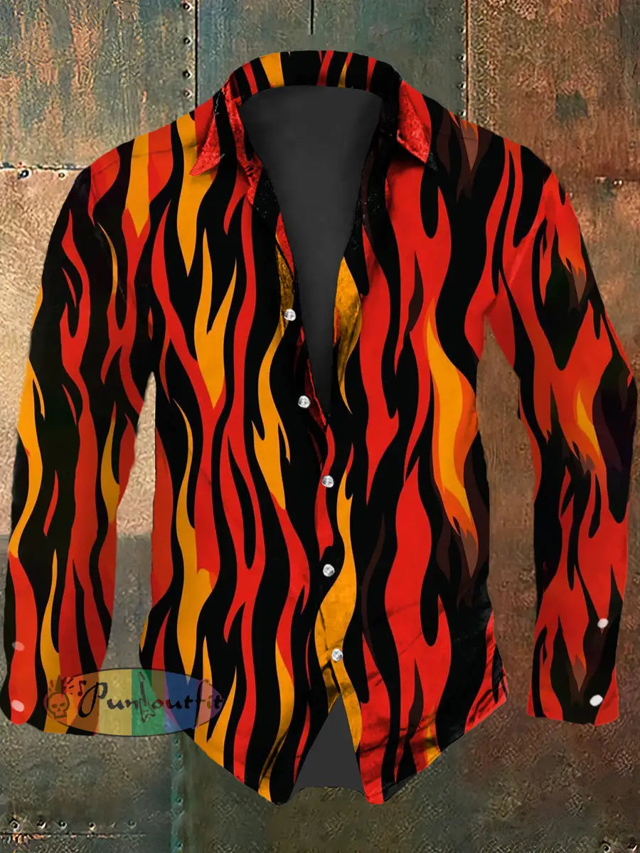 Vintage Punk Music Festival Psychedelic Flame Abstract Print Casual Long Sleeve Shirt Orange / S