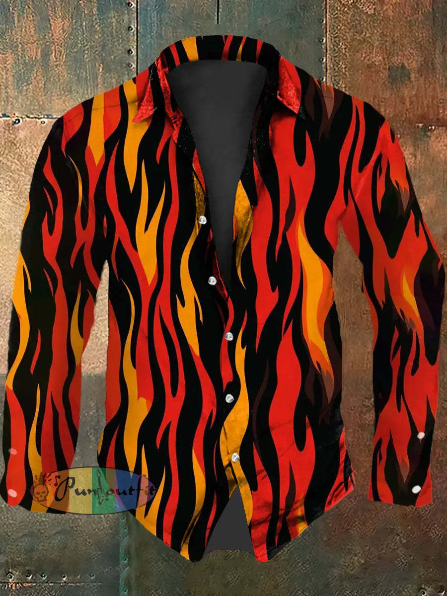 Vintage Punk Music Festival Psychedelic Flame Abstract Print Casual Long Sleeve Shirt Orange / S
