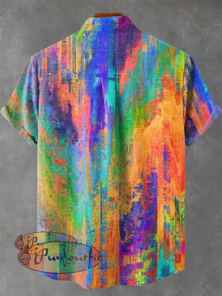 Vintage Rainbow Mottled Art Cat Print Casual 100% Cotton Shirt GEOMETRIC ART DESIGN