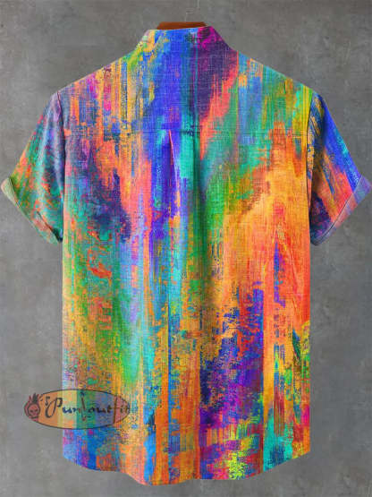 Vintage Rainbow Mottled Art Cat Print Casual 100% Cotton Shirt GEOMETRIC ART DESIGN