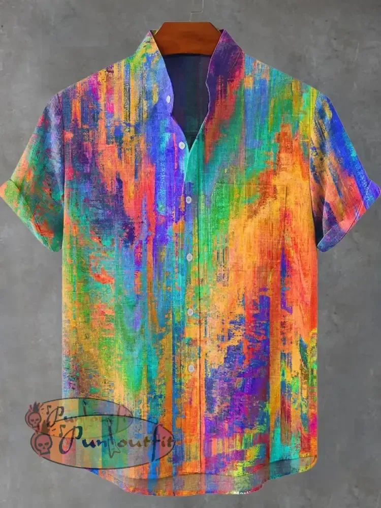 Vintage Rainbow Mottled Art Cat Print Casual 100% Cotton Shirt Multicolor / S GEOMETRIC ART DESIGN